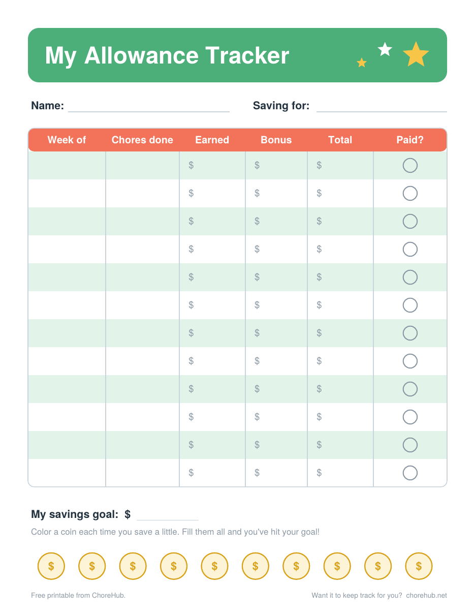 Allowance tracker printable