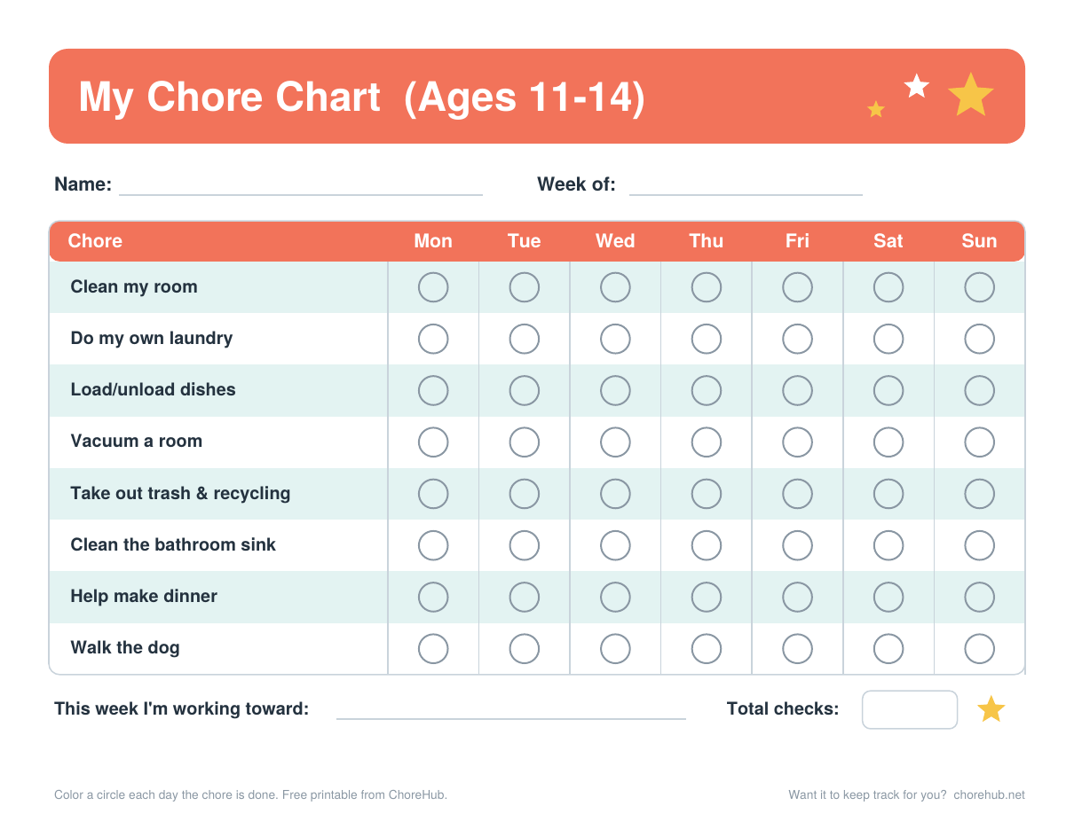 Chore chart for ages 11 to 14 listing do my own laundry, vacuum a room, help make dinner and more