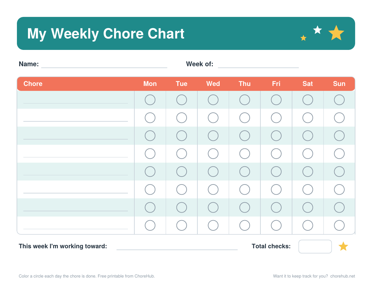 Blank weekly chore chart
